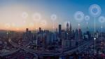 Cityscape showing data centers illustrated with balloons. 
